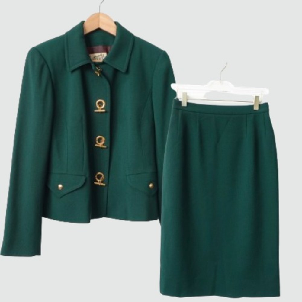HERMES Dress 40 Luxury Suit Blazer Skirt‎ Set MEDIUM Gold Toggle D Ancre VINTAGE